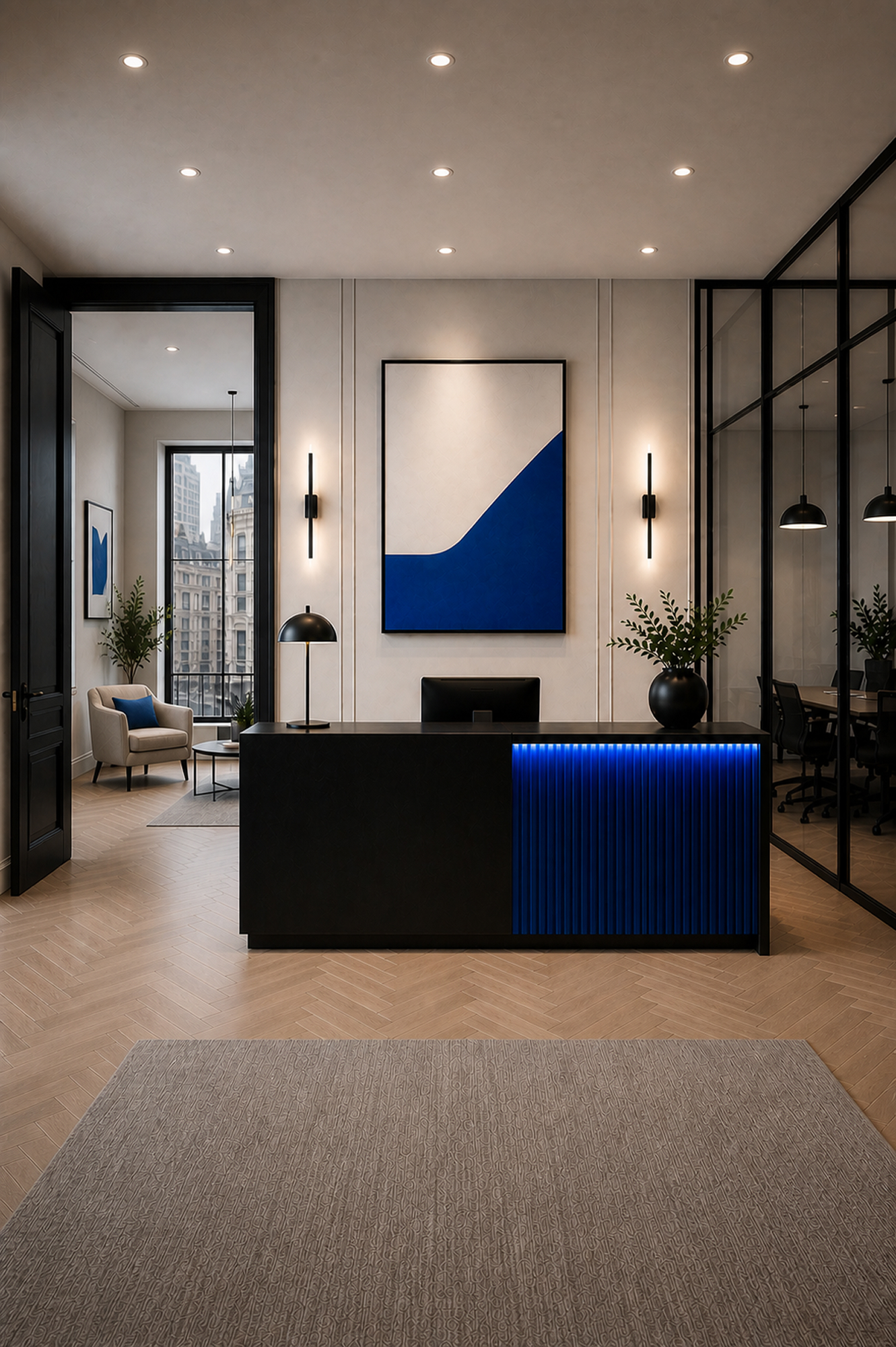 Modern law firm reception with herringbone wood floor and contemporary art